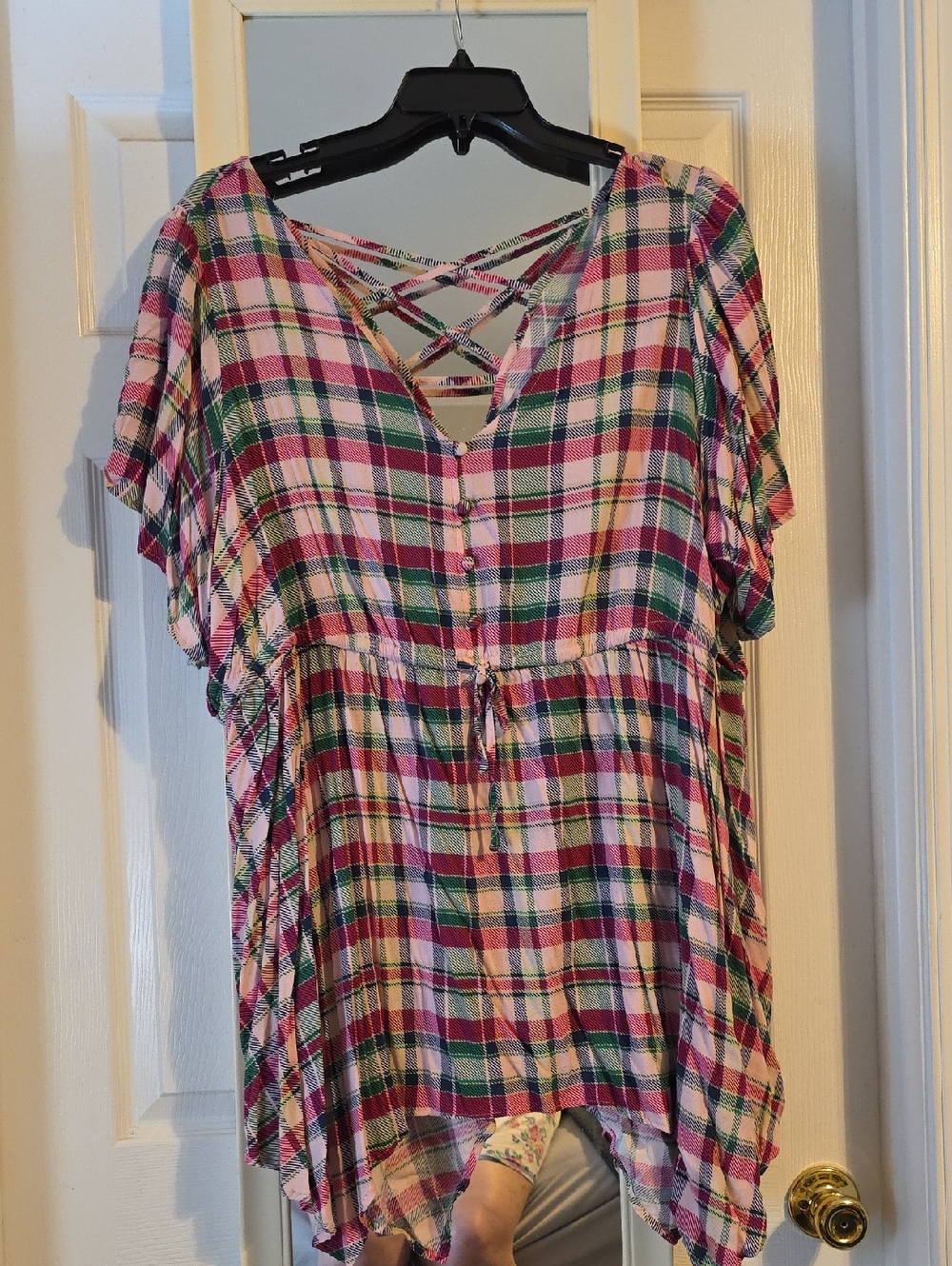 torrid Pink and Green Plaid Crisscross V-Neck Tunic